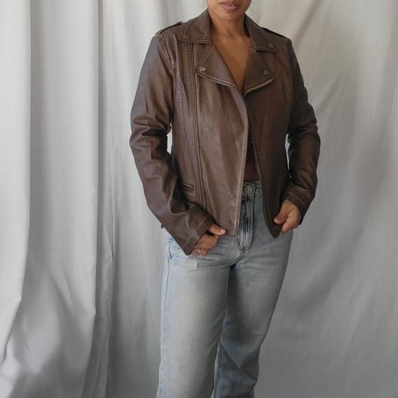 Mavi Chocolate Brown Faux Leather Moto Western Jacket - Picture 3 of 11